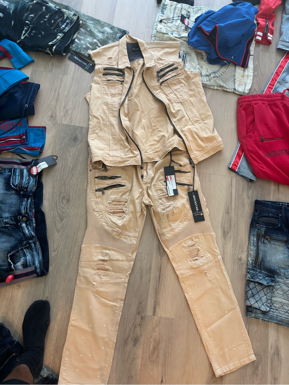 Beige Distressed Men's Vest & Moto Pants Set
